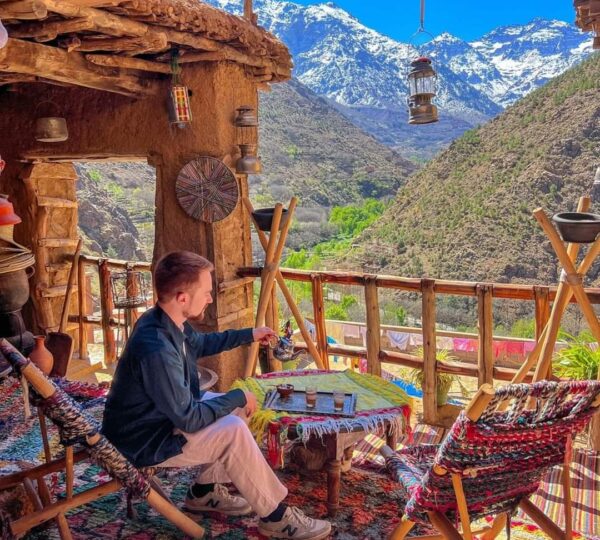 Sitting on the roof of a Berber house in the Atlas Mountains mountain Morocco...It symbolize the aspect of hospitality in Berber culture 